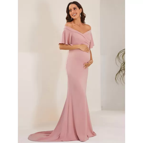 EverPretty Womens Off Shoulder Short Sleeves Open Back Pleated Bodycon Sweep Train Maternity Photoshoot Dress 01680EYDusty Rose