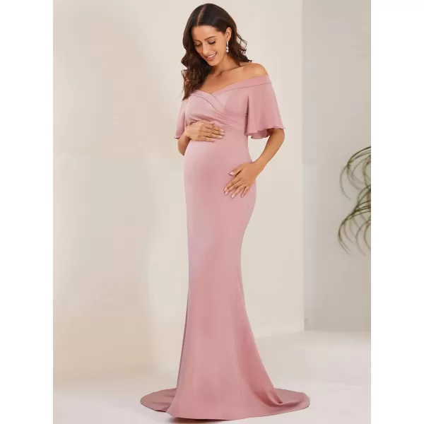 EverPretty Womens Off Shoulder Short Sleeves Open Back Pleated Bodycon Sweep Train Maternity Photoshoot Dress 01680EYDusty Rose
