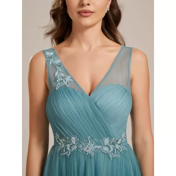 EverPretty Womens V Neck ALine Ruched Tulle Appliques Bridesmaid Dresses 01916Dusty Blue