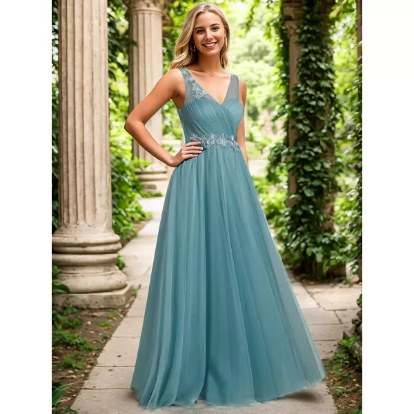 EverPretty Womens V Neck ALine Ruched Tulle Appliques Bridesmaid Dresses 01916Dusty Blue