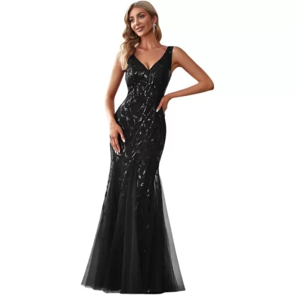 EverPretty Womens Formal Dress Sequin Double VNeck Sleeveless Mermaid Long Evening Dress 07886Black