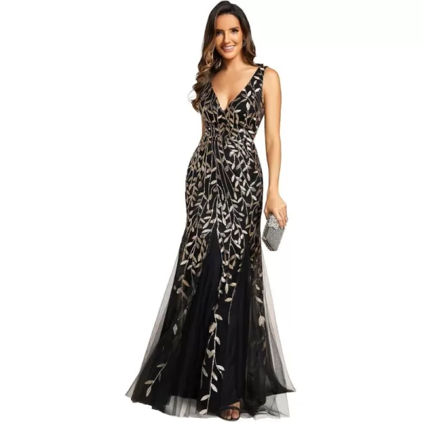 EverPretty Womens Formal Dress Sequin Double VNeck Sleeveless Mermaid Long Evening Dress 07886Black Gold