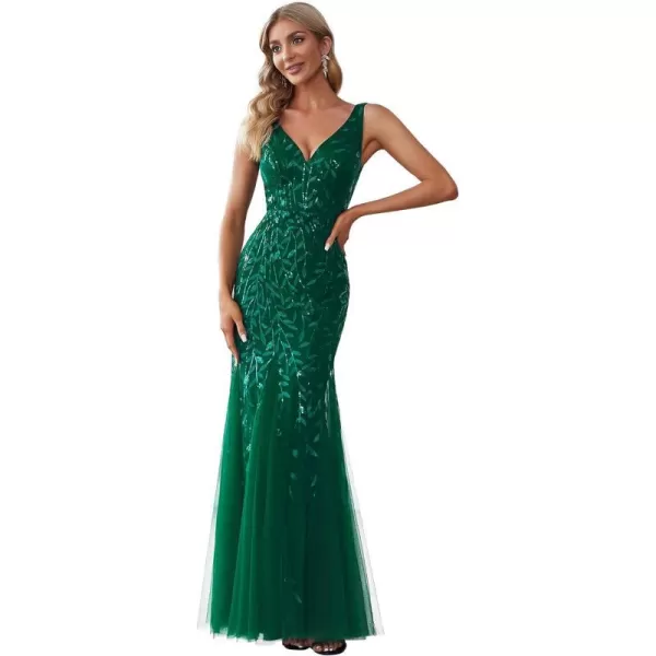 EverPretty Womens Formal Dress Sequin Double VNeck Sleeveless Mermaid Long Evening Dress 07886Dark Green