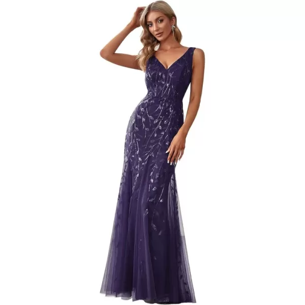 EverPretty Womens Formal Dress Sequin Double VNeck Sleeveless Mermaid Long Evening Dress 07886Deep Purple