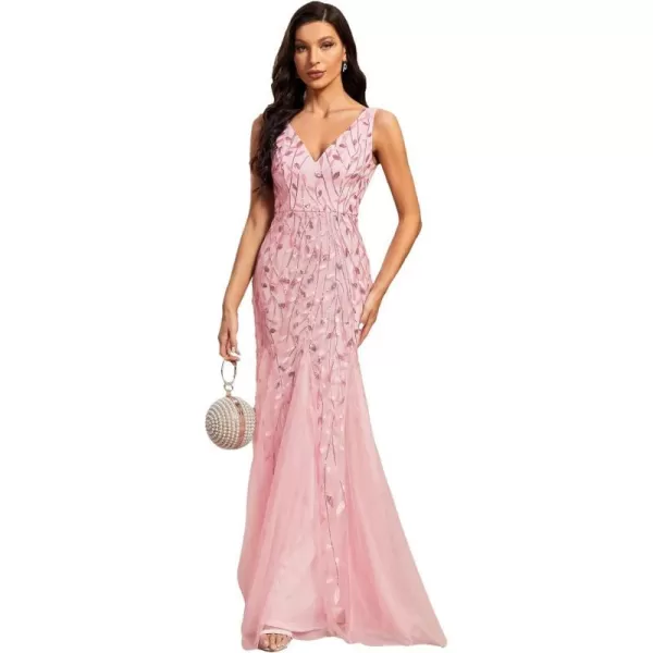 EverPretty Womens Formal Dress Sequin Double VNeck Sleeveless Mermaid Long Evening Dress 07886Pink