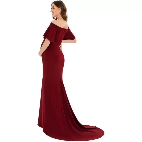 EverPretty Womens Off Shoulder Short Sleeves Open Back Pleated Bodycon Sweep Train Maternity Photoshoot Dress 01680EYBurgundy