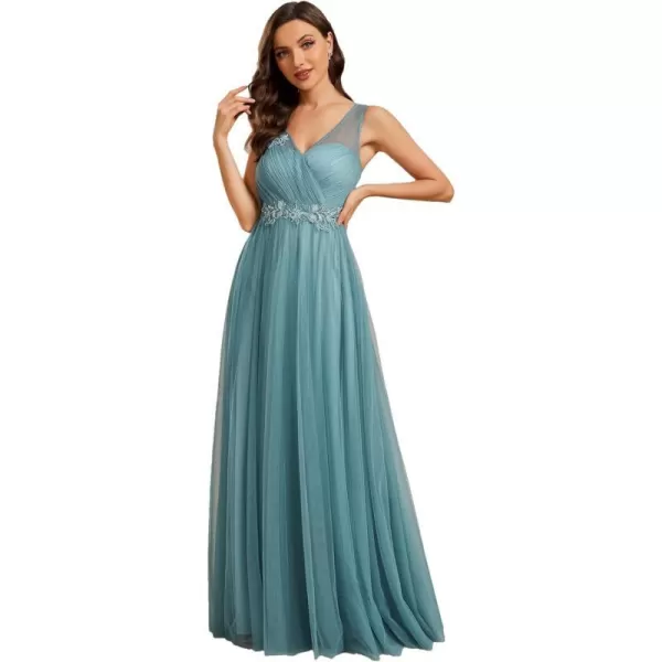 EverPretty Womens V Neck ALine Ruched Tulle Appliques Bridesmaid Dresses 01916Dusty Blue