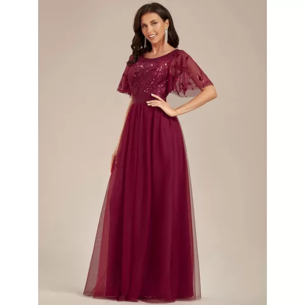 EverPretty Womens Formal Dresses Crew Neck Sequin Ruffle Sleeve Empire Waist Beaded Long Evening Dresses 00904Burgundy