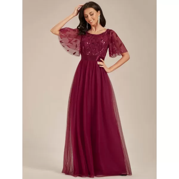 EverPretty Womens Formal Dresses Crew Neck Sequin Ruffle Sleeve Empire Waist Beaded Long Evening Dresses 00904Burgundy