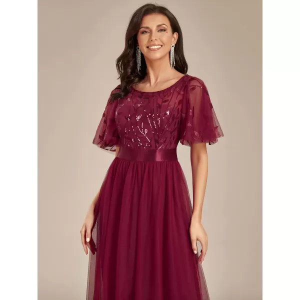 EverPretty Womens Formal Dresses Crew Neck Sequin Ruffle Sleeve Empire Waist Beaded Long Evening Dresses 00904Burgundy