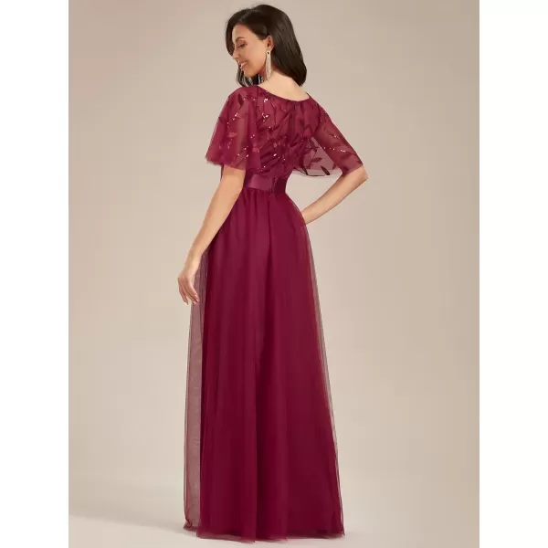 EverPretty Womens Formal Dresses Crew Neck Sequin Ruffle Sleeve Empire Waist Beaded Long Evening Dresses 00904Burgundy