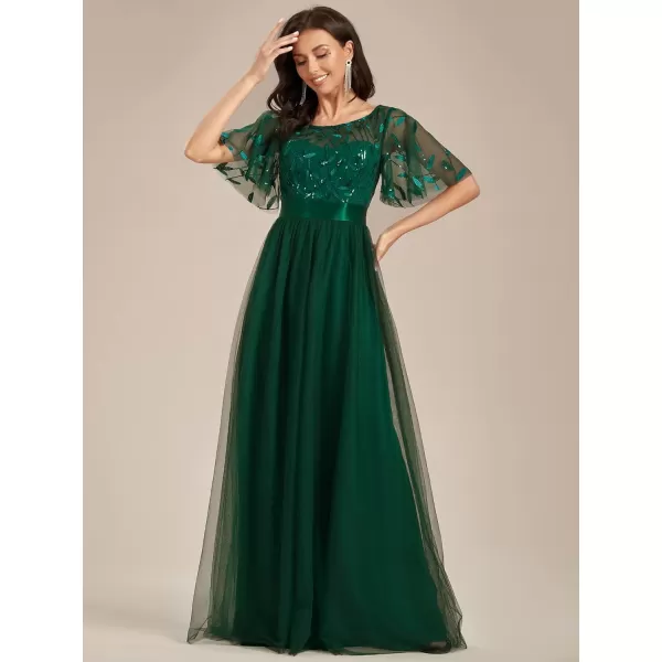 EverPretty Womens Formal Dresses Crew Neck Sequin Ruffle Sleeve Empire Waist Beaded Long Evening Dresses 00904Green