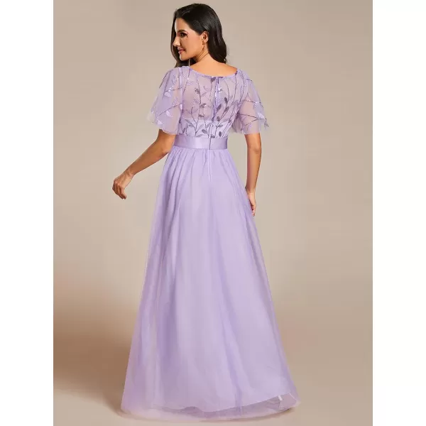 EverPretty Womens Formal Dresses Crew Neck Sequin Ruffle Sleeve Empire Waist Beaded Long Evening Dresses 00904Lavender