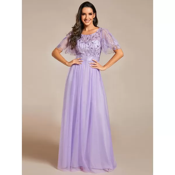 EverPretty Womens Formal Dresses Crew Neck Sequin Ruffle Sleeve Empire Waist Beaded Long Evening Dresses 00904Lavender