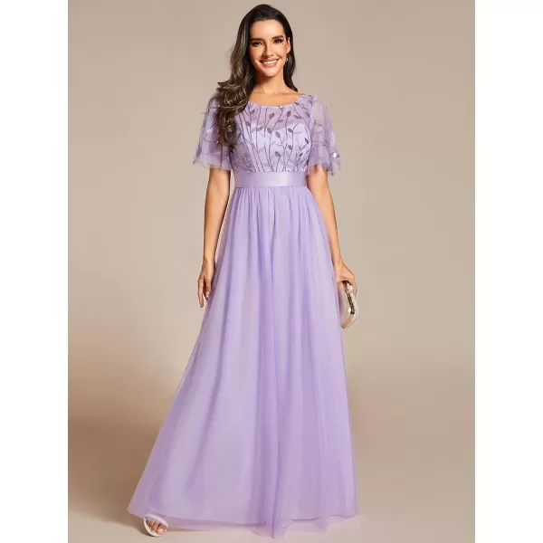 EverPretty Womens Formal Dresses Crew Neck Sequin Ruffle Sleeve Empire Waist Beaded Long Evening Dresses 00904Lavender