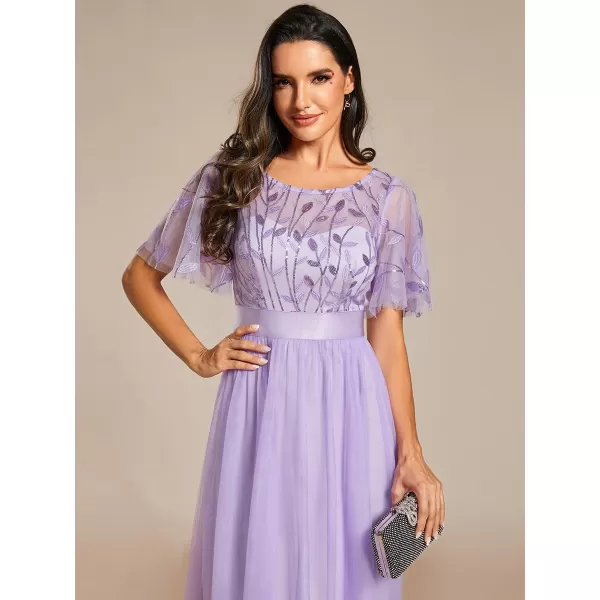 EverPretty Womens Formal Dresses Crew Neck Sequin Ruffle Sleeve Empire Waist Beaded Long Evening Dresses 00904Lavender