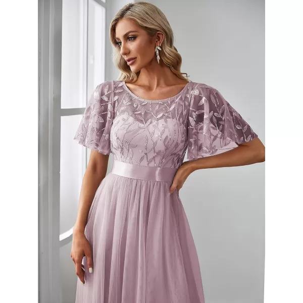 EverPretty Womens Formal Dresses Crew Neck Sequin Ruffle Sleeve Empire Waist Beaded Long Evening Dresses 00904Lilac