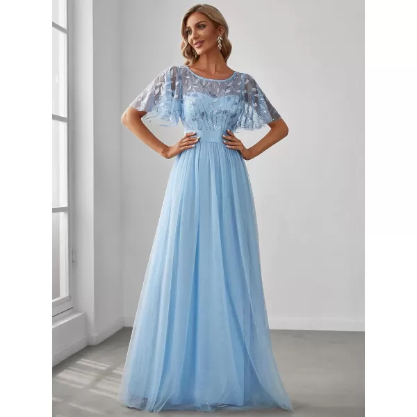 EverPretty Womens Formal Dresses Crew Neck Sequin Ruffle Sleeve Empire Waist Beaded Long Evening Dresses 00904Sky Blue