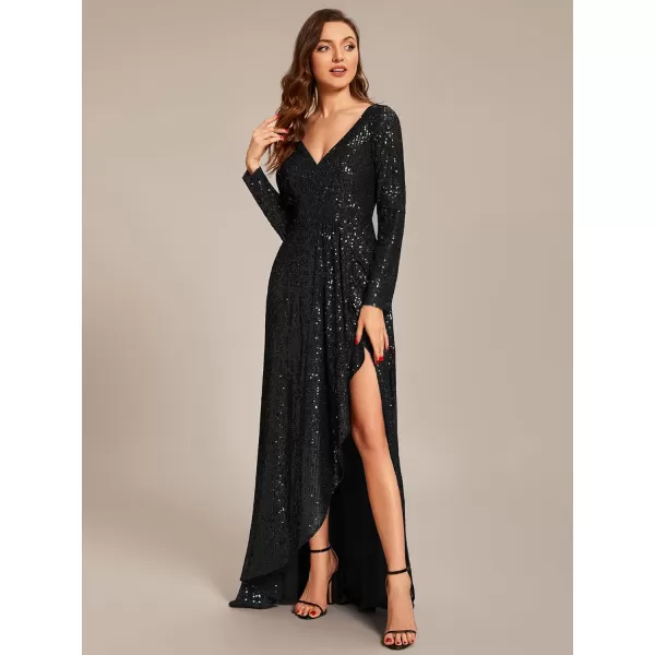 EverPretty Womens Sexy Winter Sequin Long Sleeves ALine High Low Maxi Evening Dresses 50146Black