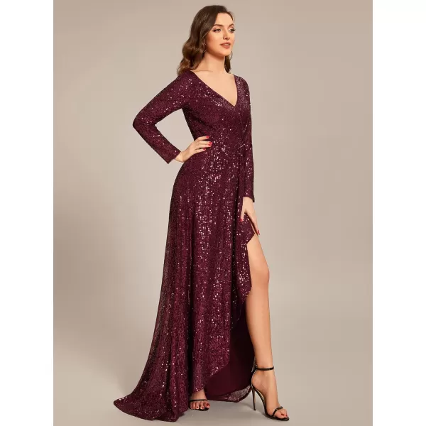 EverPretty Womens Sexy Winter Sequin Long Sleeves ALine High Low Maxi Evening Dresses 50146Burgundy