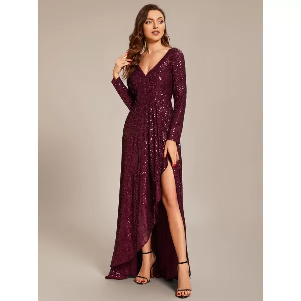 EverPretty Womens Sexy Winter Sequin Long Sleeves ALine High Low Maxi Evening Dresses 50146Burgundy