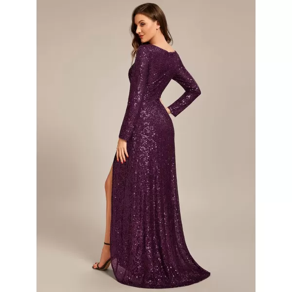 EverPretty Womens Sexy Winter Sequin Long Sleeves ALine High Low Maxi Evening Dresses 50146Dark Purple