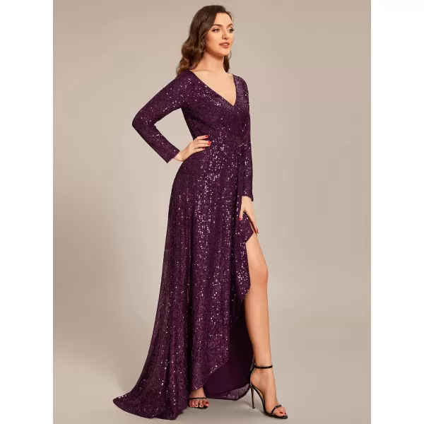 EverPretty Womens Sexy Winter Sequin Long Sleeves ALine High Low Maxi Evening Dresses 50146Dark Purple