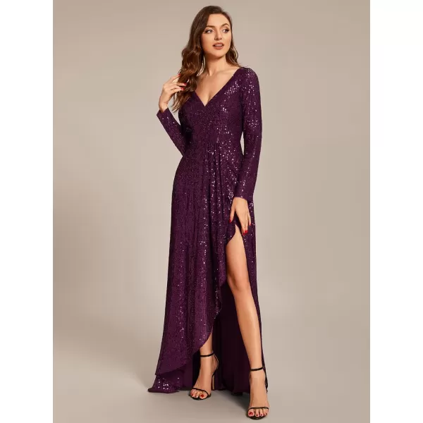EverPretty Womens Sexy Winter Sequin Long Sleeves ALine High Low Maxi Evening Dresses 50146Dark Purple