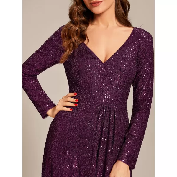 EverPretty Womens Sexy Winter Sequin Long Sleeves ALine High Low Maxi Evening Dresses 50146Dark Purple