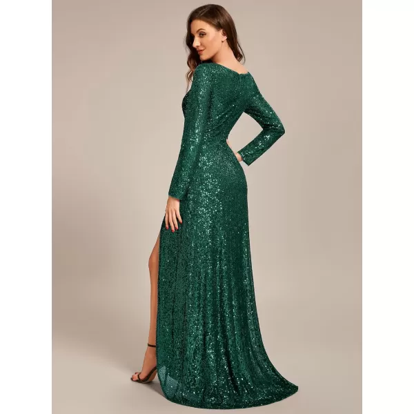 EverPretty Womens Sexy Winter Sequin Long Sleeves ALine High Low Maxi Evening Dresses 50146Deep Green