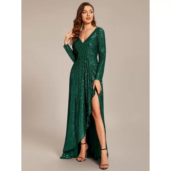 EverPretty Womens Sexy Winter Sequin Long Sleeves ALine High Low Maxi Evening Dresses 50146Deep Green