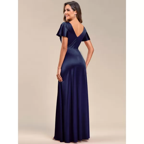 EverPretty Womens Shiny Satin Ruffles Sleeves VNeck Evening Dresses 01884Navy Blue