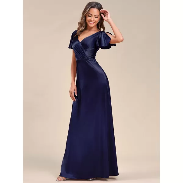 EverPretty Womens Shiny Satin Ruffles Sleeves VNeck Evening Dresses 01884Navy Blue