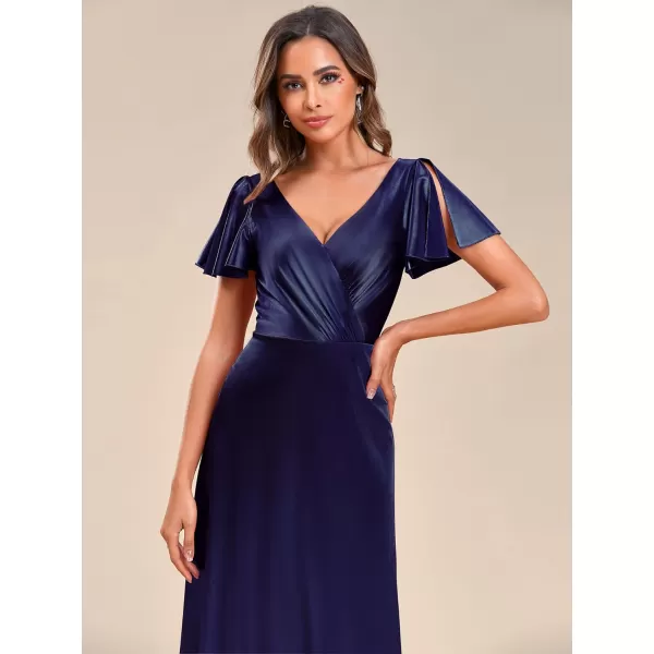 EverPretty Womens Shiny Satin Ruffles Sleeves VNeck Evening Dresses 01884Navy Blue