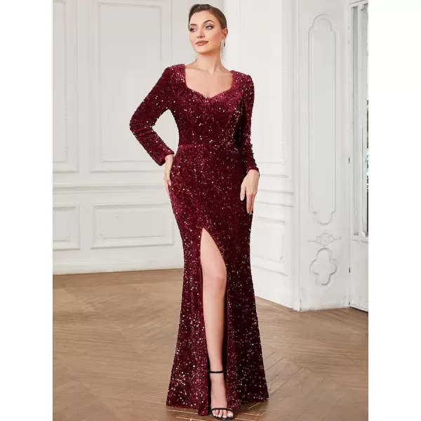 EverPretty Womens VNeck Long Sleeves Sequin Side Slit Memaid Floor Length Evening Dresses 01392Burgundy