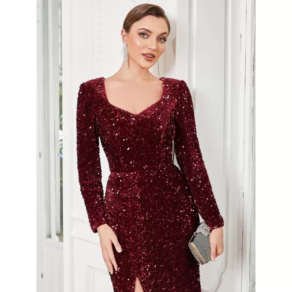 EverPretty Womens VNeck Long Sleeves Sequin Side Slit Memaid Floor Length Evening Dresses 01392Burgundy