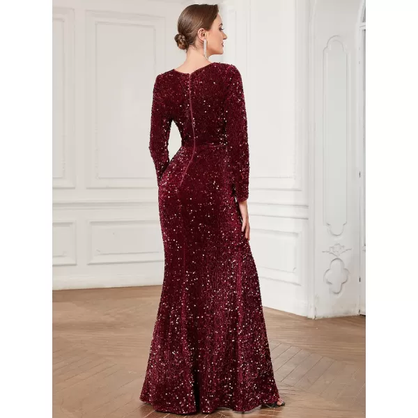 EverPretty Womens VNeck Long Sleeves Sequin Side Slit Memaid Floor Length Evening Dresses 01392Burgundy