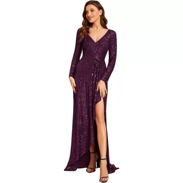 EverPretty Womens Sexy Winter Sequin Long Sleeves ALine High Low Maxi Evening Dresses 50146Dark Purple