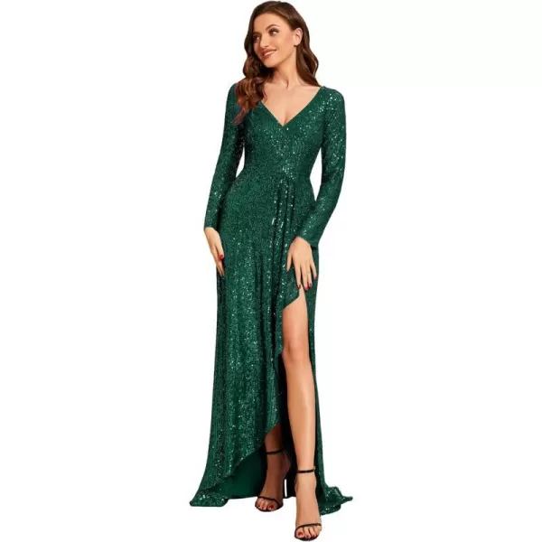 EverPretty Womens Sexy Winter Sequin Long Sleeves ALine High Low Maxi Evening Dresses 50146Deep Green