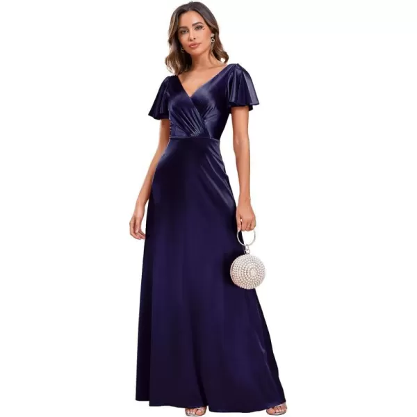 EverPretty Womens Shiny Satin Ruffles Sleeves VNeck Evening Dresses 01884Navy Blue