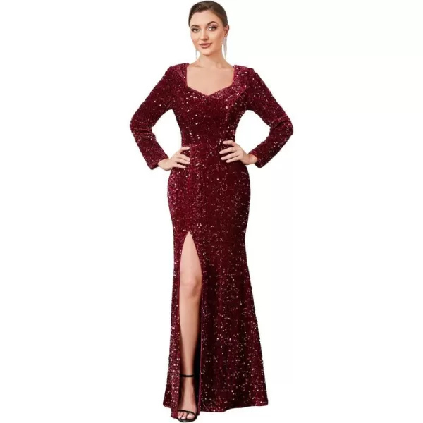 EverPretty Womens VNeck Long Sleeves Sequin Side Slit Memaid Floor Length Evening Dresses 01392Burgundy