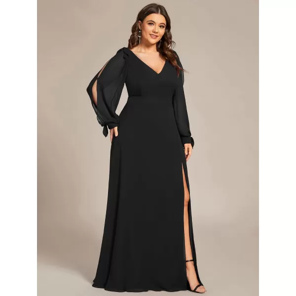 EverPretty Elegant Plus Size Chiffon Long Sleeve Side Slit Formal Dress 80116Black