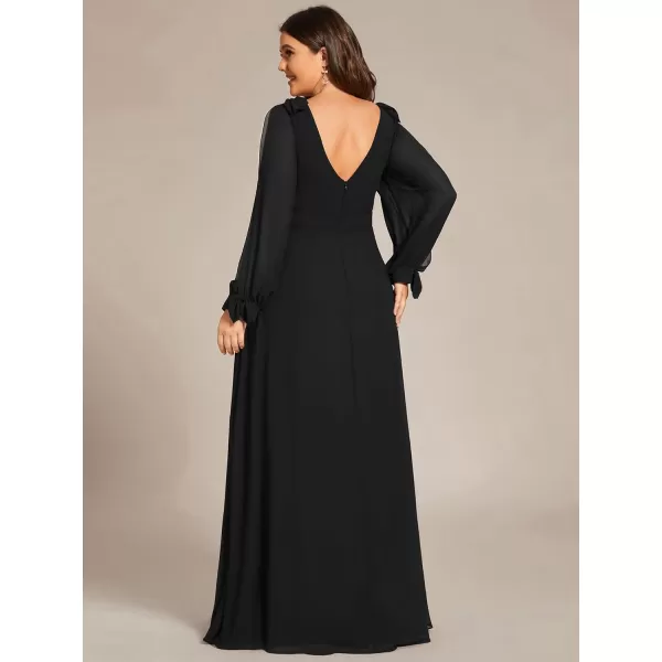 EverPretty Elegant Plus Size Chiffon Long Sleeve Side Slit Formal Dress 80116Black