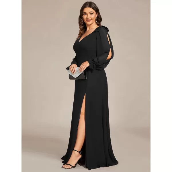 EverPretty Elegant Plus Size Chiffon Long Sleeve Side Slit Formal Dress 80116Black