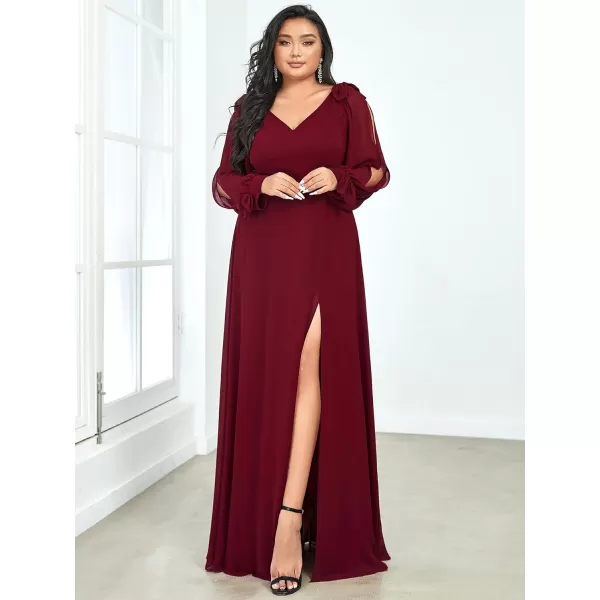 EverPretty Elegant Plus Size Chiffon Long Sleeve Side Slit Formal Dress 80116Burgundy