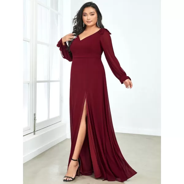 EverPretty Elegant Plus Size Chiffon Long Sleeve Side Slit Formal Dress 80116Burgundy