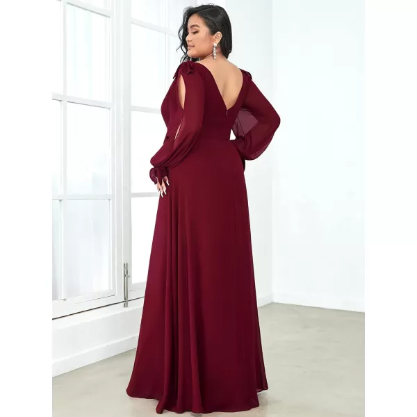 EverPretty Elegant Plus Size Chiffon Long Sleeve Side Slit Formal Dress 80116Burgundy