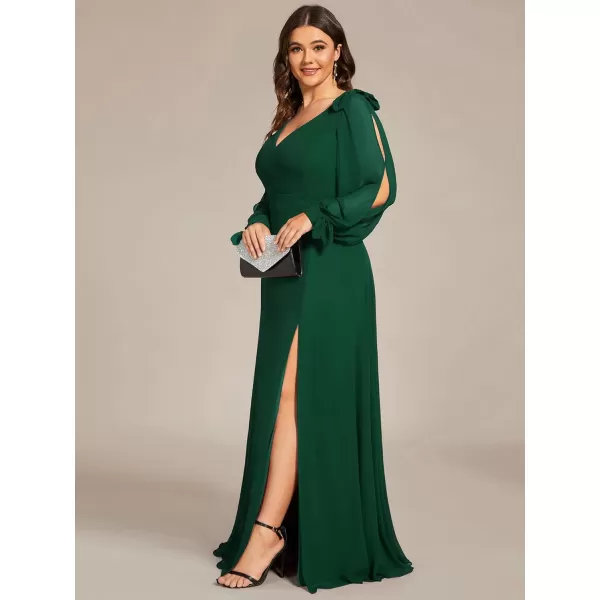 EverPretty Elegant Plus Size Chiffon Long Sleeve Side Slit Formal Dress 80116Dark Green