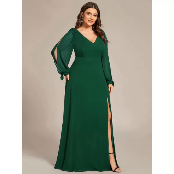 EverPretty Elegant Plus Size Chiffon Long Sleeve Side Slit Formal Dress 80116Dark Green