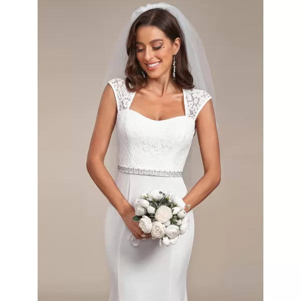 EverPretty Lace Crystal Cap Sleeve V Neck Beading Mermaid Wedding Dress for Party 0218White